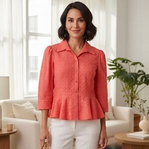 MISHCA Womens 3/4 Sleeve Button Up Cotton Eyelet Peplum Blouse Pink Size M